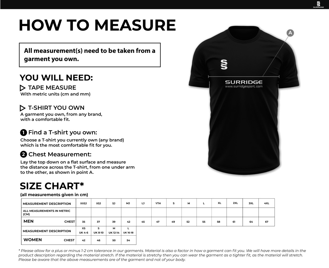 Senior T20 Playing Shirt - Size Guide